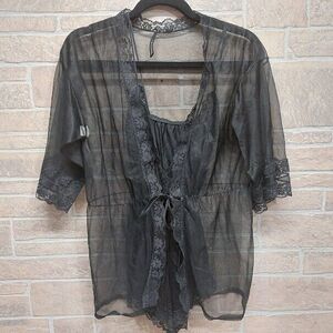 Vintage Union Made Black Lace Detail & Sheer Robe And Romper Set Size Small